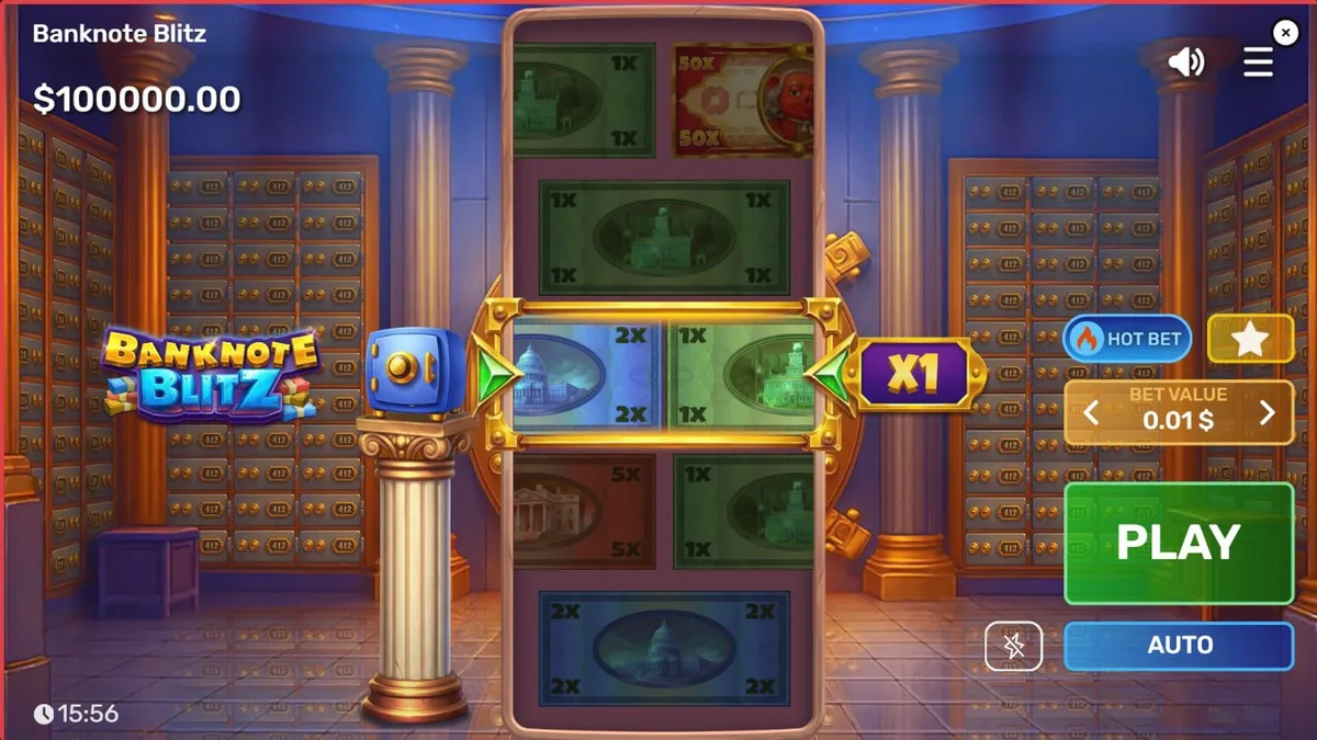 Interface do slot Banknote Blitz com moldura de vitória brilhante e notas de dinheiro